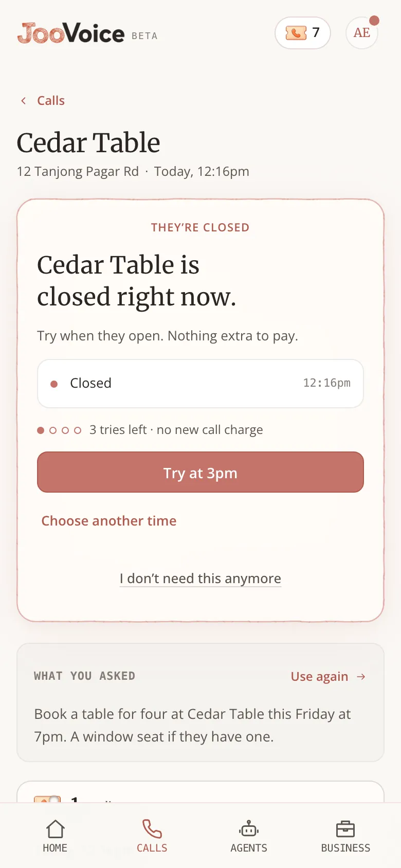 The same closed-restaurant call page on a phone, with the “Try at 3pm” button and “Choose another time” link.