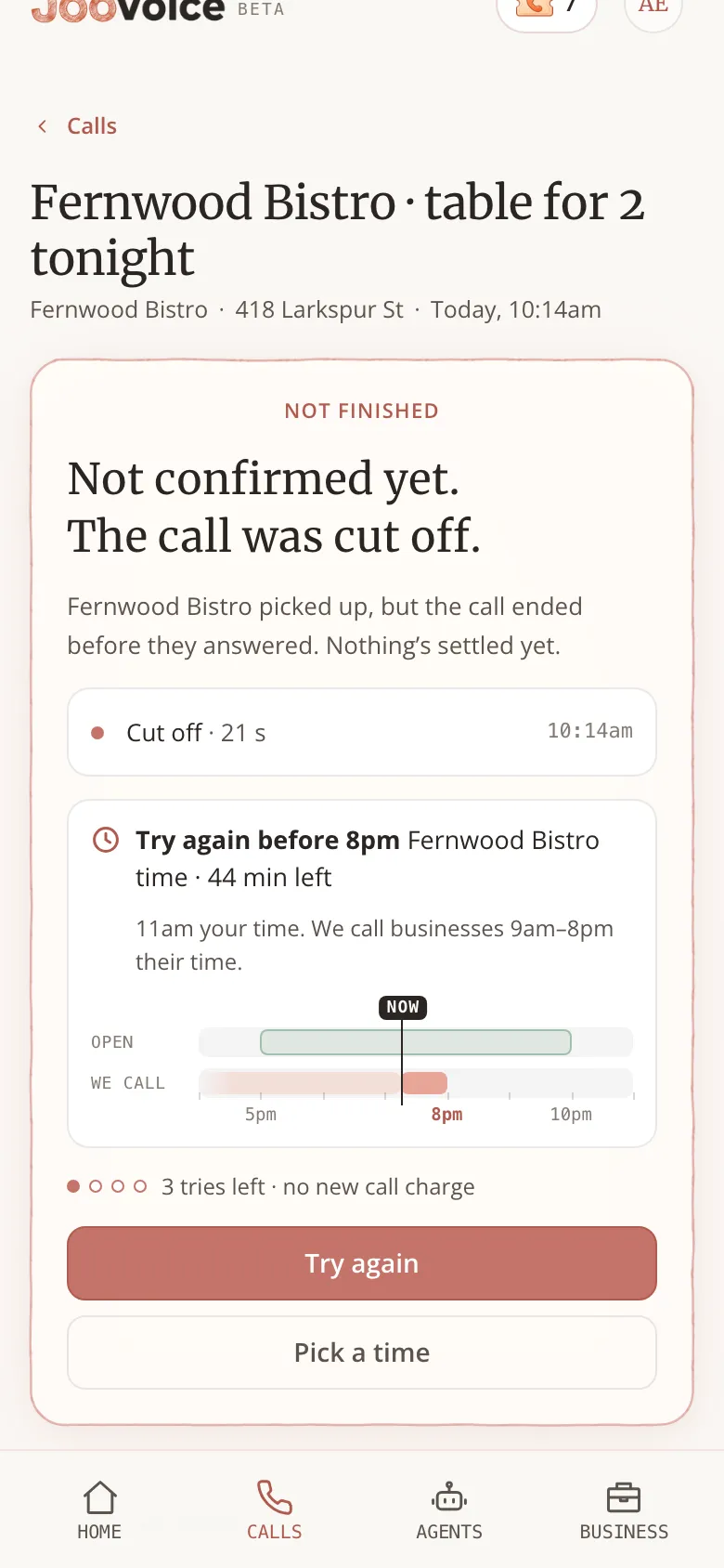The same cut-off call on a phone, showing the time left to try today and the Try again button.