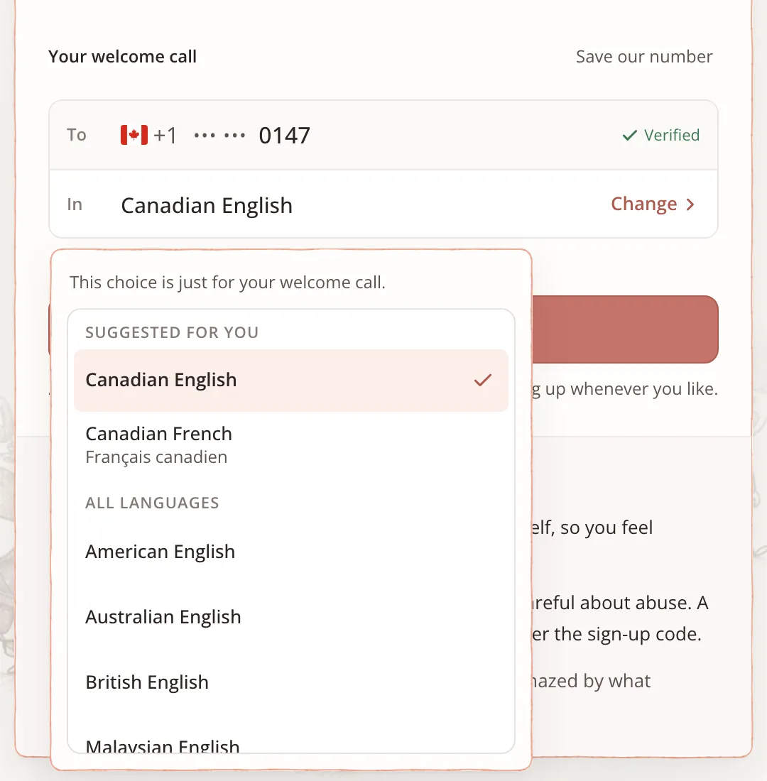 The “Your welcome call” card for a Canadian phone number. The “In” row says Canadian English with a Change link. The open picker shows “Suggested for you: Canadian English, Canadian French”, then “All languages”.