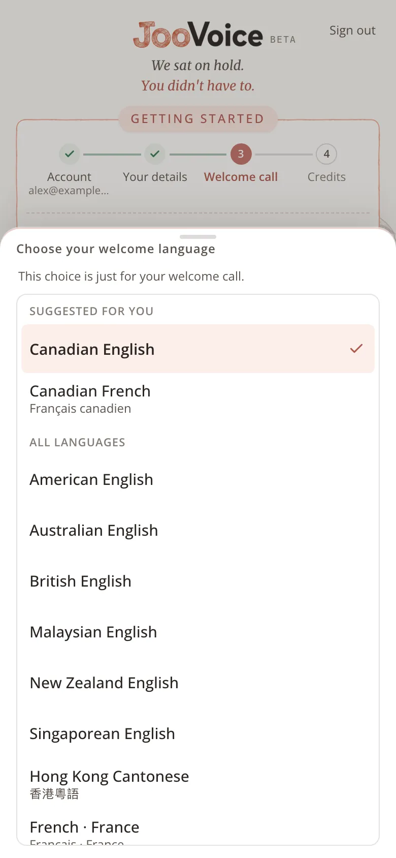 On a phone, a sheet titled “Choose your welcome language” lists Canadian English and Canadian French as suggestions, followed by all languages.
